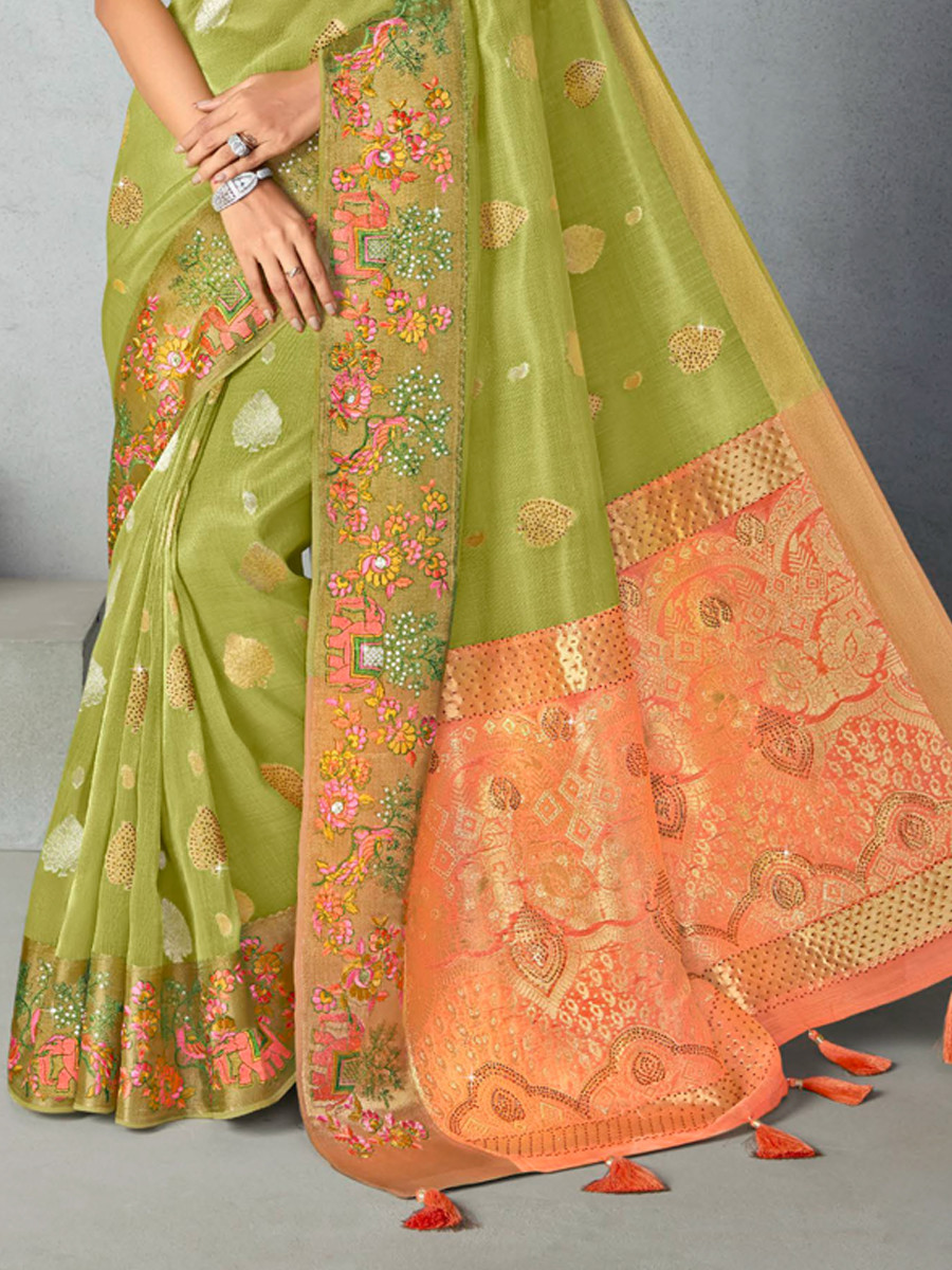 Pista Silk Handwoven Festival Wedding Heavy Border Saree