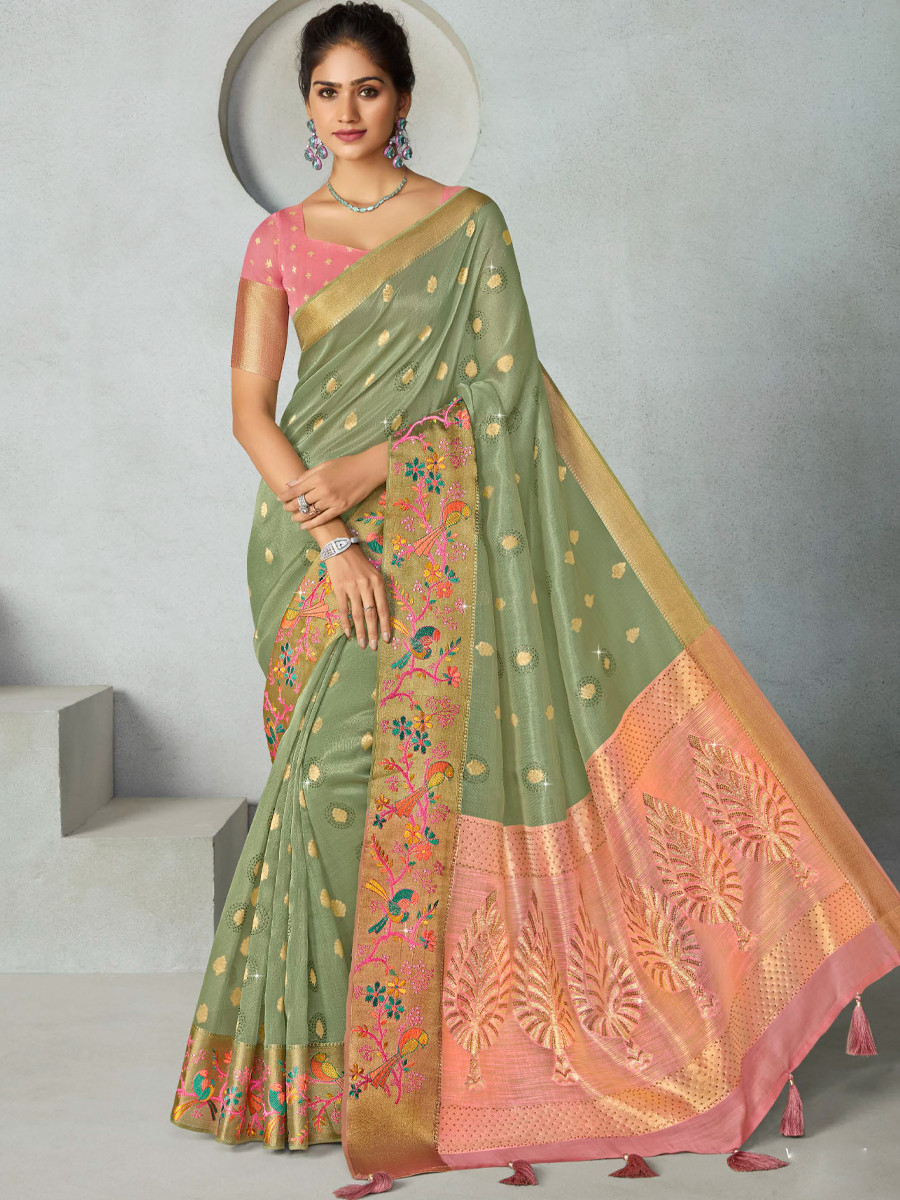 Pista Silk Handwoven Festival Wedding Heavy Border Saree