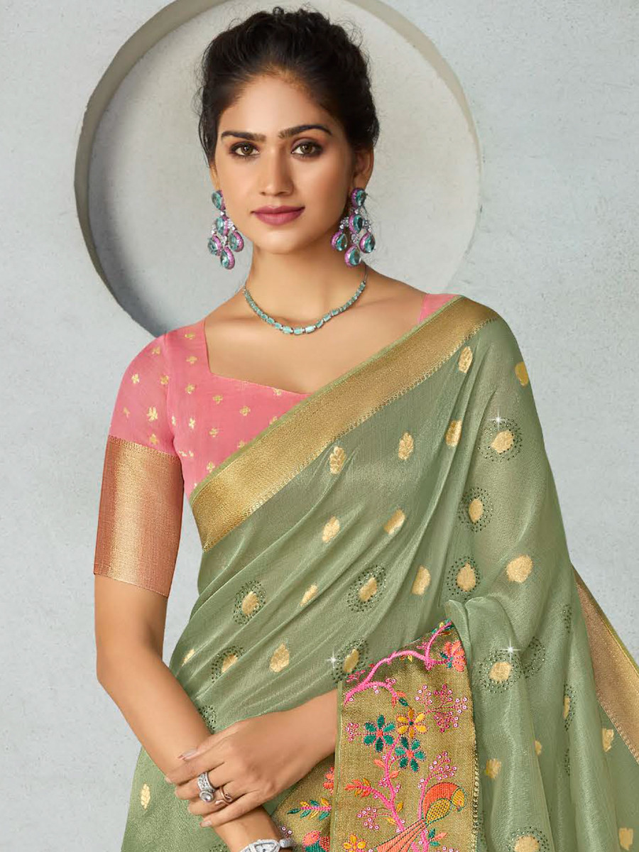 Pista Silk Handwoven Festival Wedding Heavy Border Saree