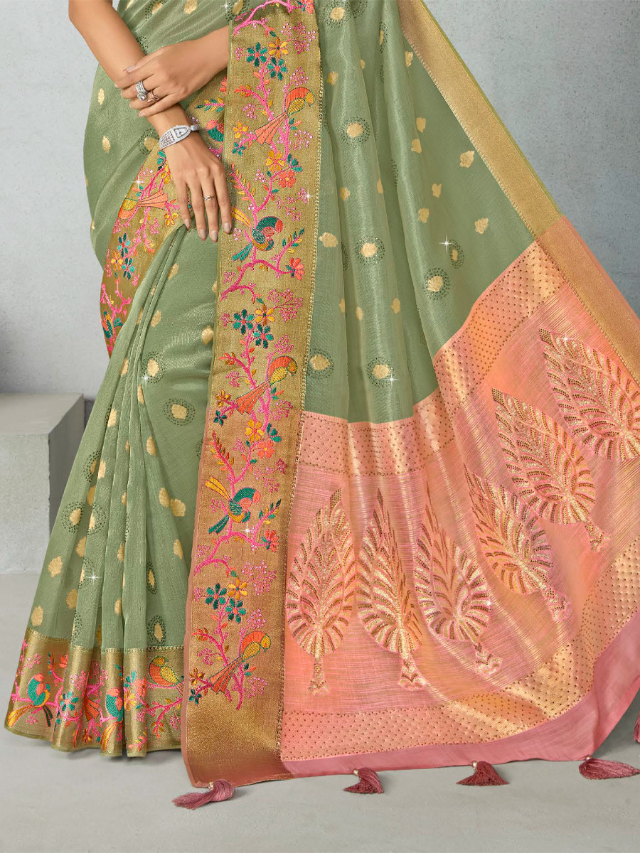 Pista Silk Handwoven Festival Wedding Heavy Border Saree