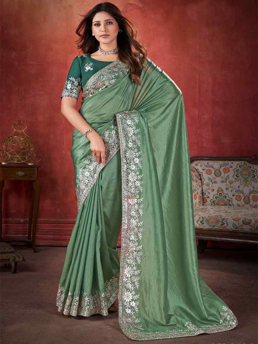 Pista Silk Handwoven Wedding Festival Heavy Border Saree