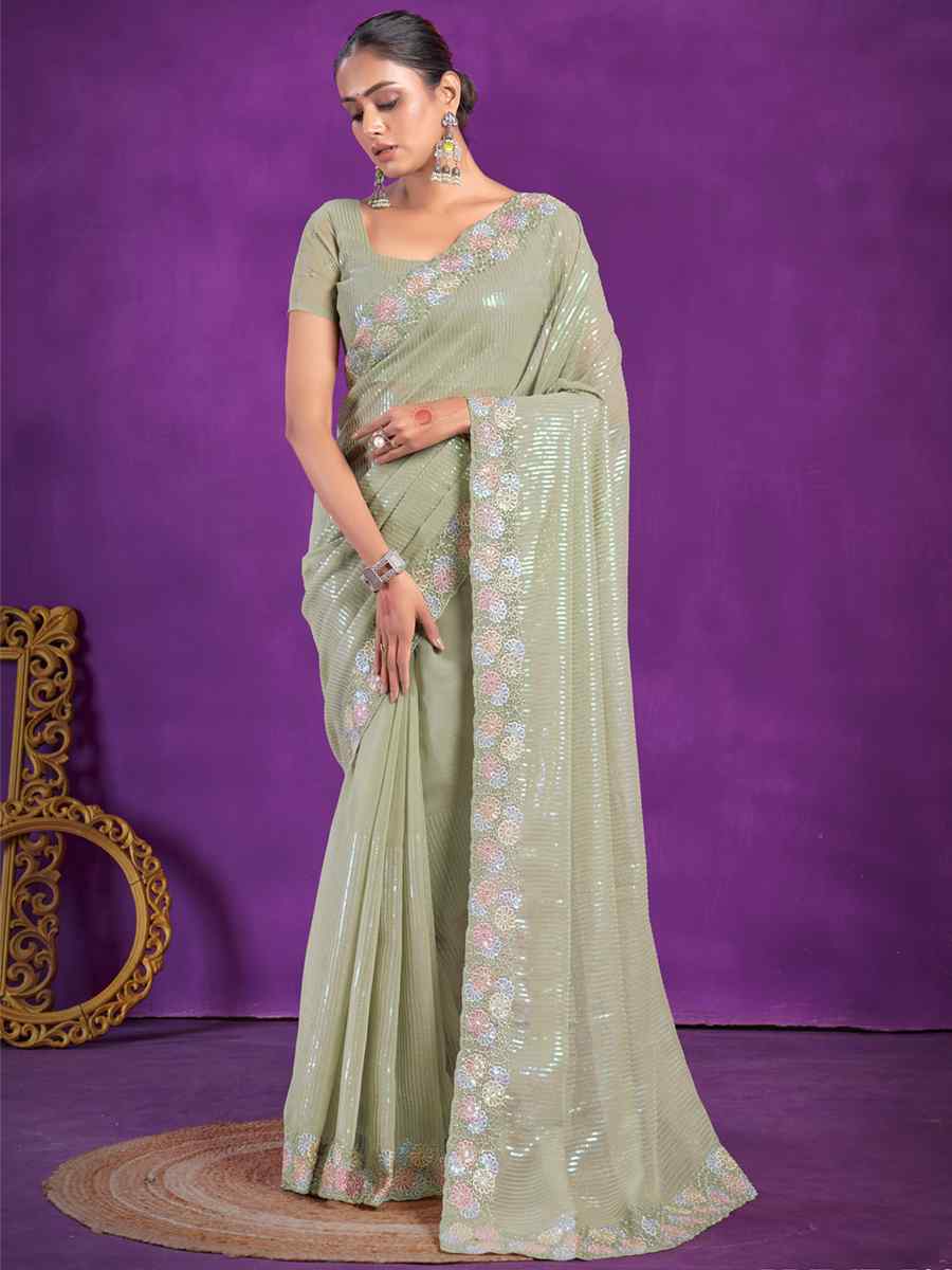 Pista Simer Embroidered Wedding Party Heavy Border Saree