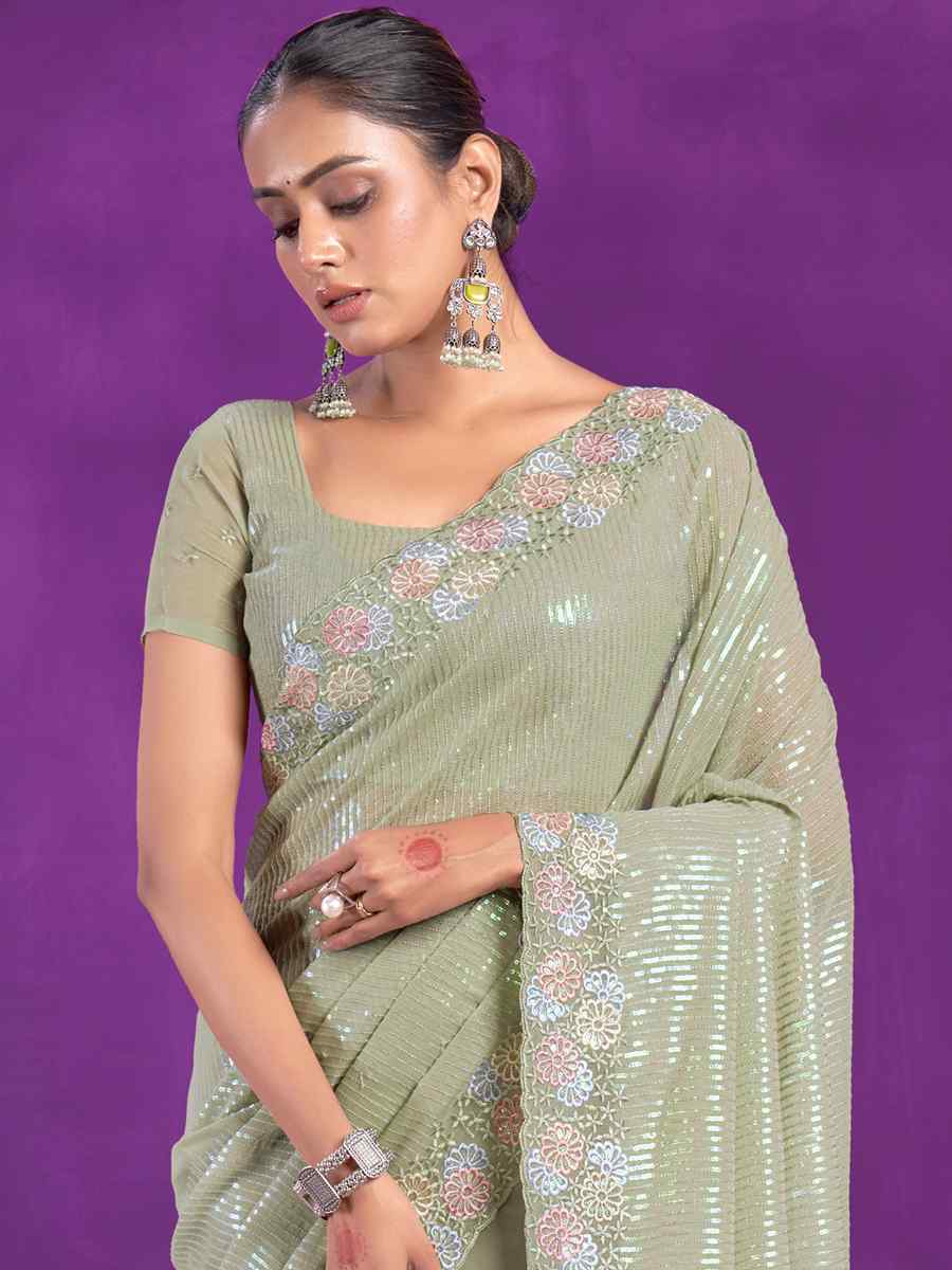 Pista Simer Embroidered Wedding Party Heavy Border Saree