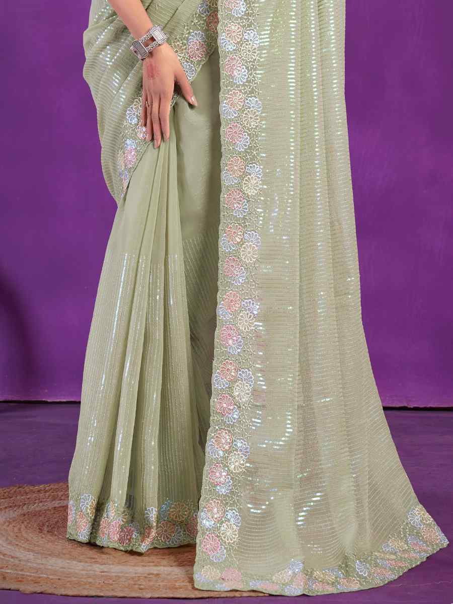 Pista Simer Embroidered Wedding Party Heavy Border Saree