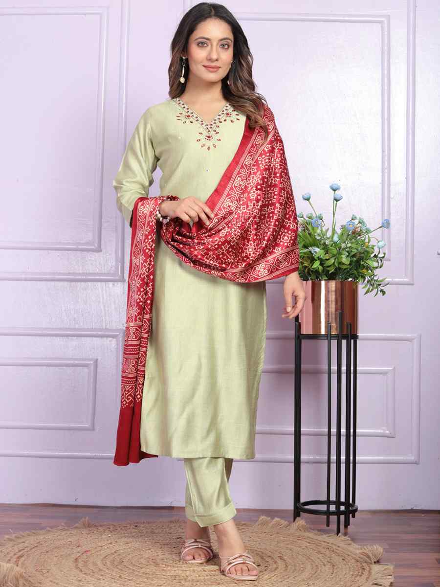 Pista Soft Morni Silk Embroidered Festival Mehendi Ready Pant Salwar Kameez