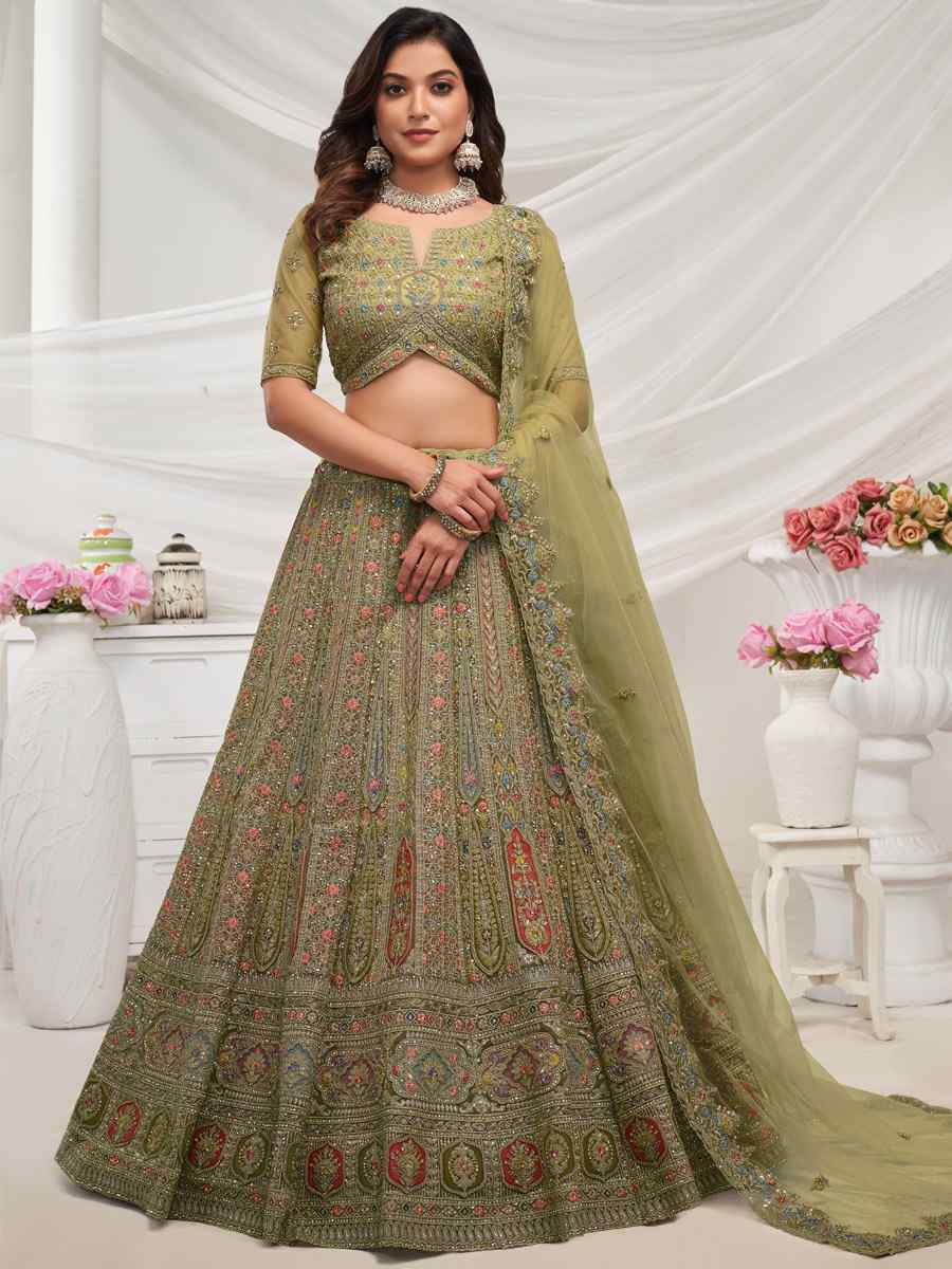 Pista Soft Net Embroidered Bridesmaid Wedding Heavy Border Lehenga Choli