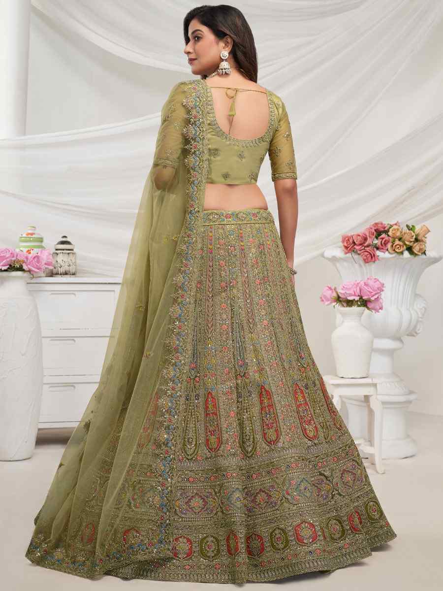 Pista Soft Net Embroidered Bridesmaid Wedding Heavy Border Lehenga Choli