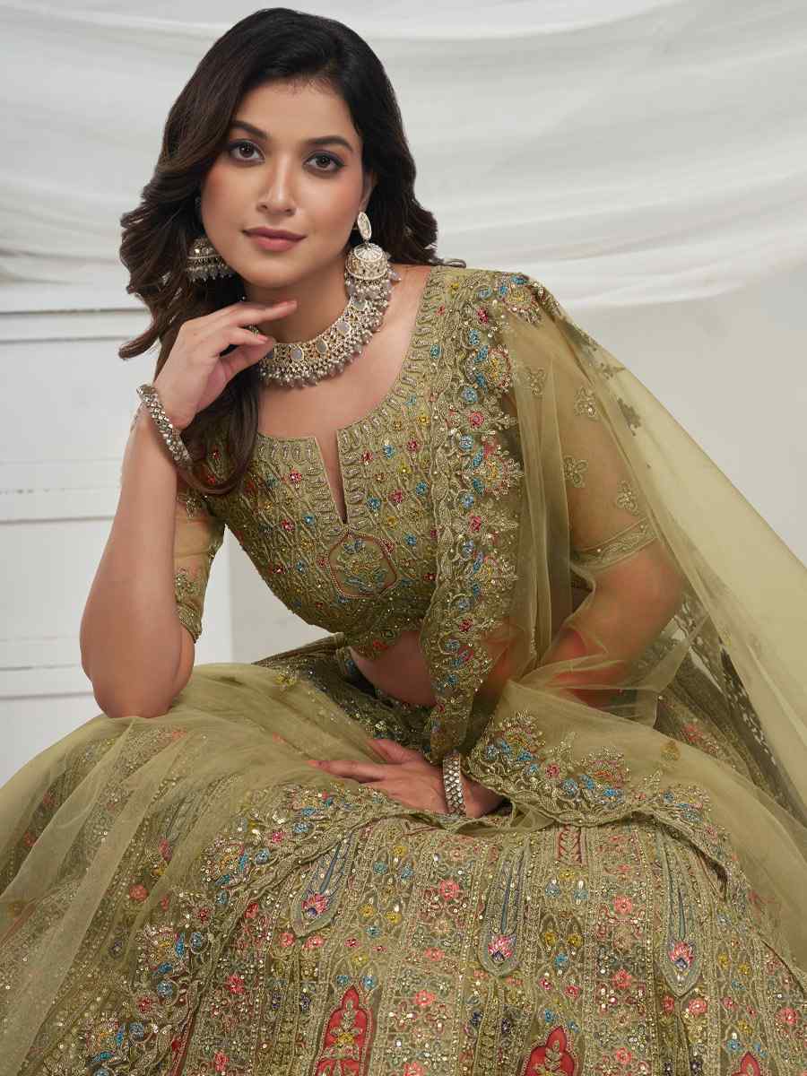 Pista Soft Net Embroidered Bridesmaid Wedding Heavy Border Lehenga Choli