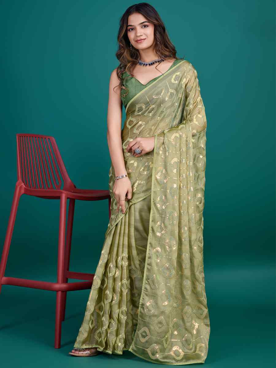 Pista Soft Pure Rolex Embroidered Festival Party Classic Style Saree