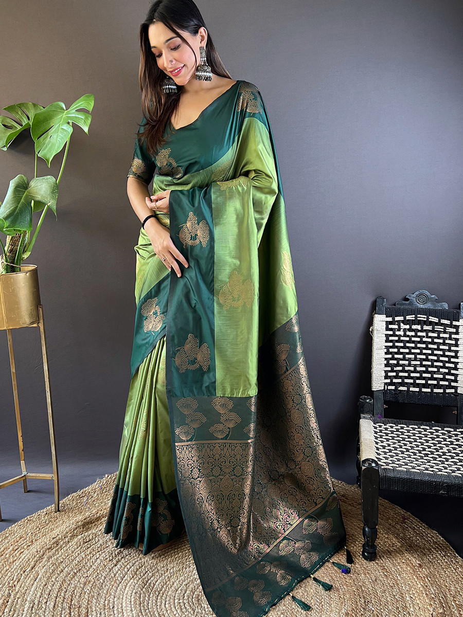 Pista Soft Silk Handwoven Festival Wedding Heavy Border Saree