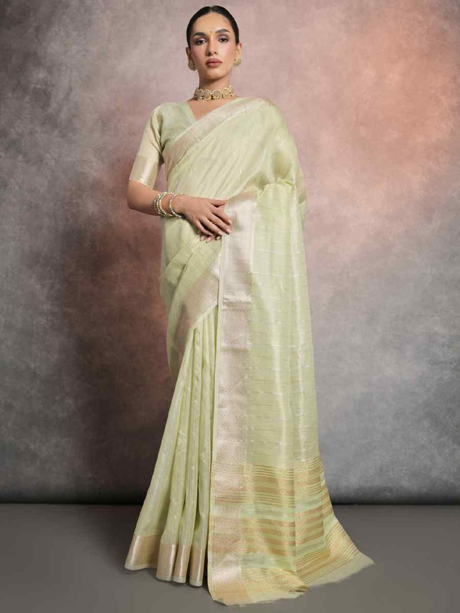 Pista Tissue Linen Handwoven Casual Festival Classic Style Saree