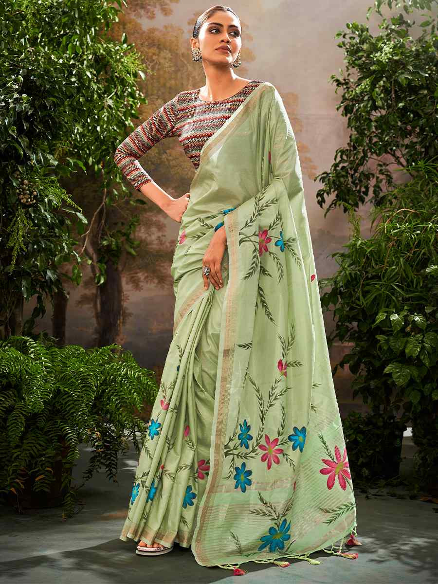 Pista Tissue Silk Handwoven Festival Casual Classic Style Saree