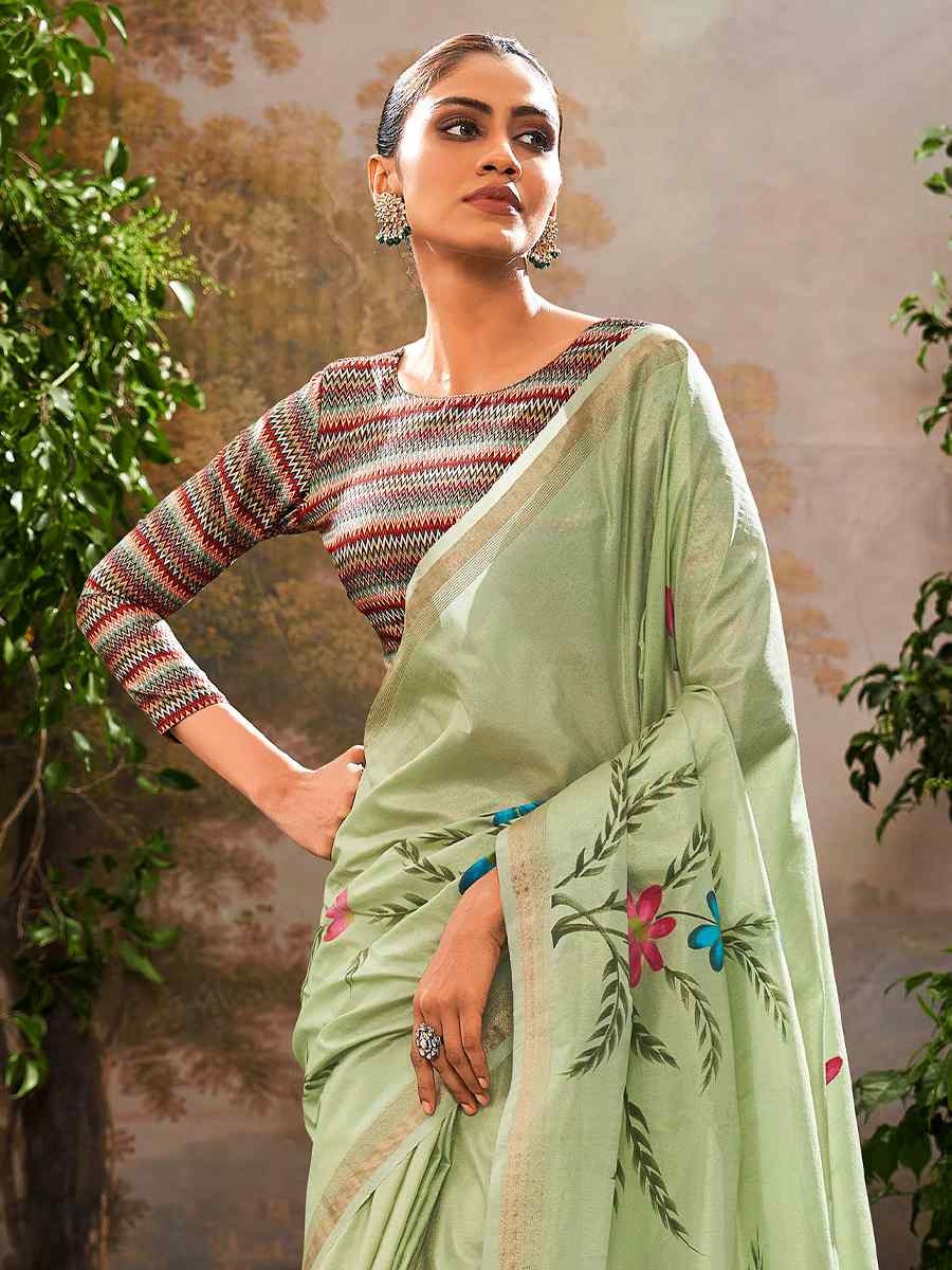 Pista Tissue Silk Handwoven Festival Casual Classic Style Saree