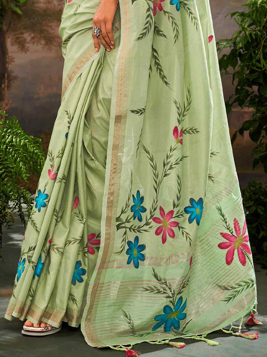 Pista Tissue Silk Handwoven Festival Casual Classic Style Saree