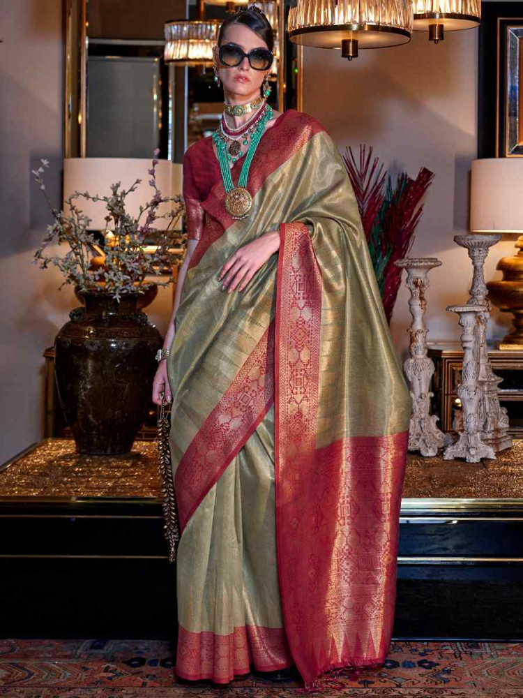 Pista Tissue Silk Handwoven Festival Wedding Heavy Border Saree