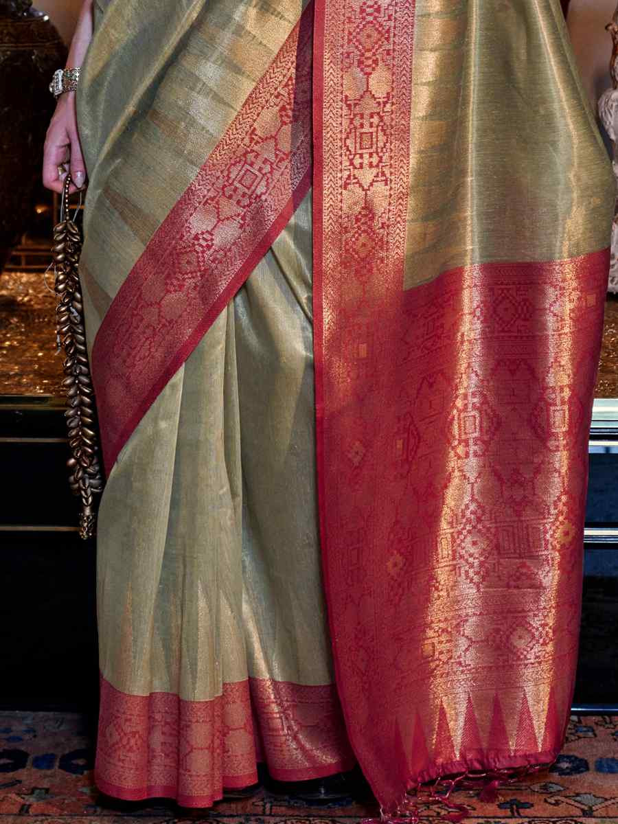 Pista Tissue Silk Handwoven Festival Wedding Heavy Border Saree