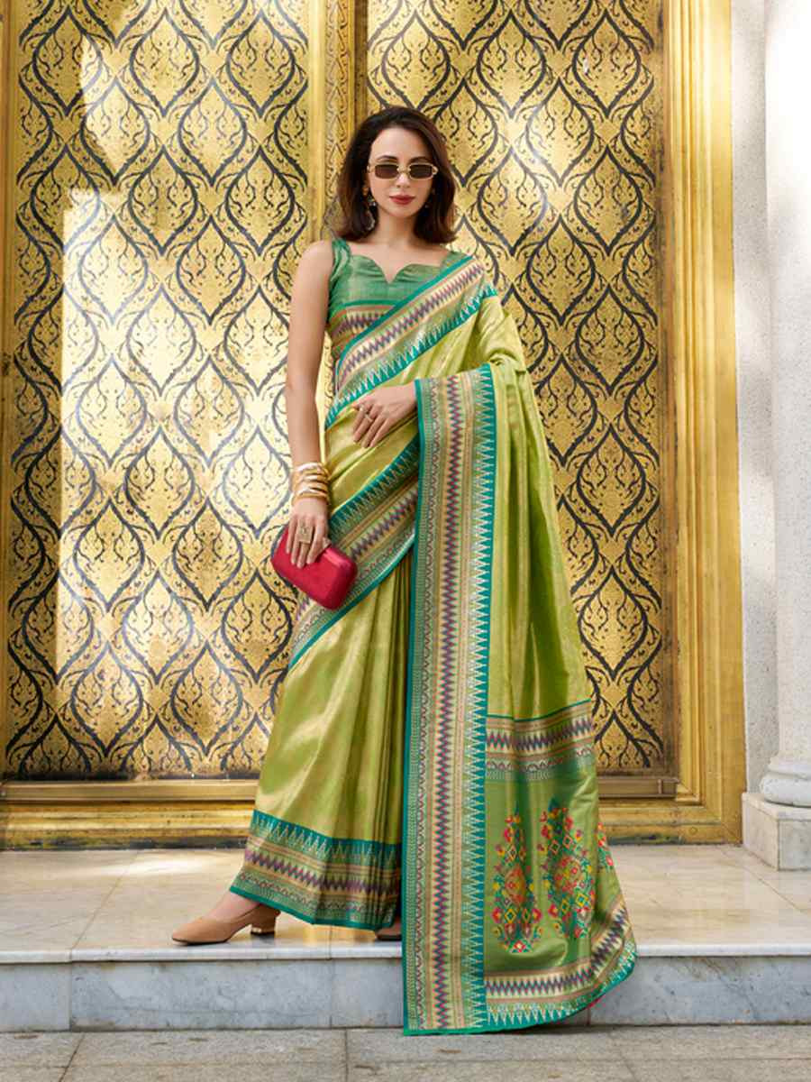 Pista Tissue Silk Handwoven Festival Wedding Heavy Border Saree