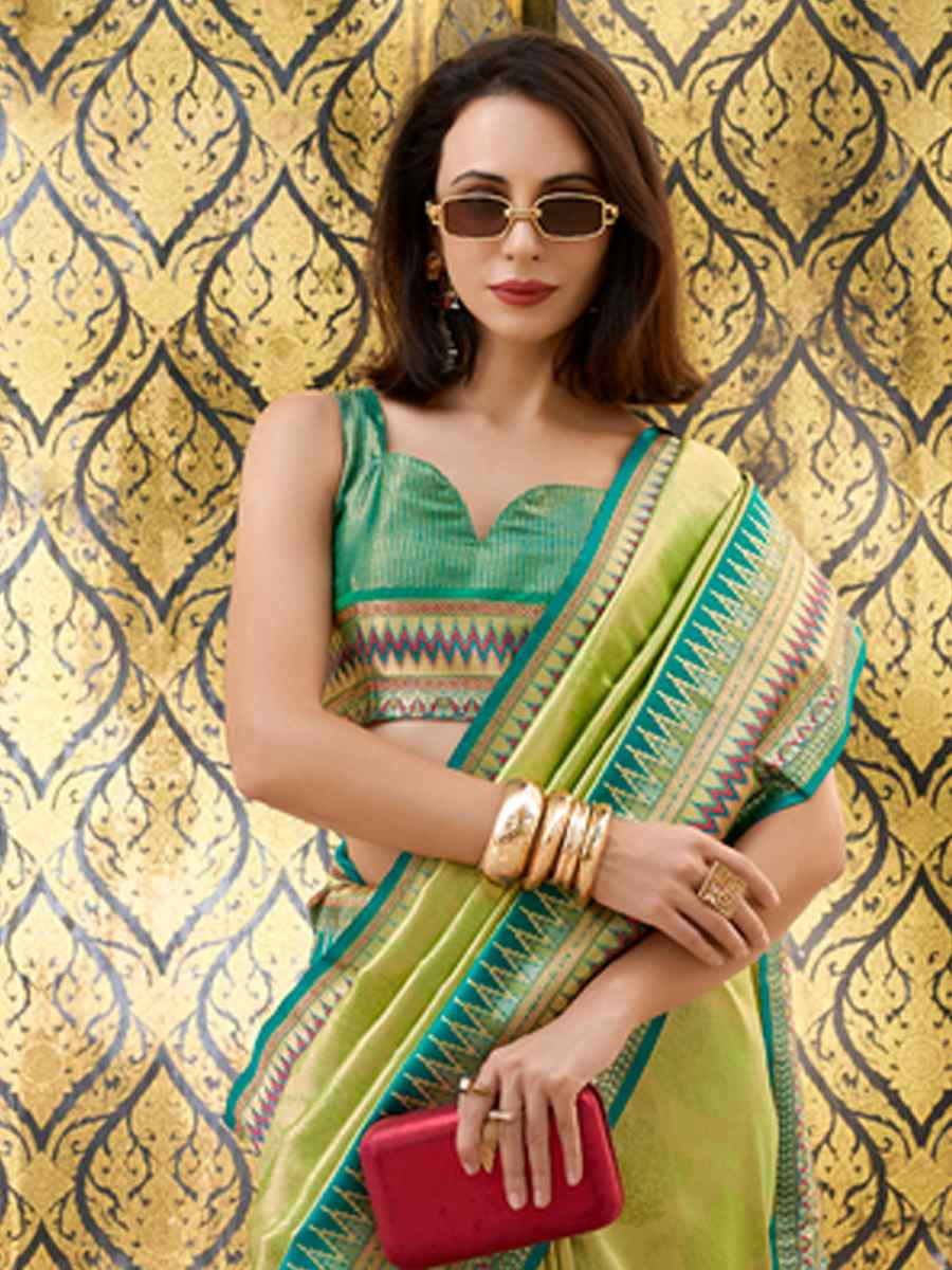 Pista Tissue Silk Handwoven Festival Wedding Heavy Border Saree