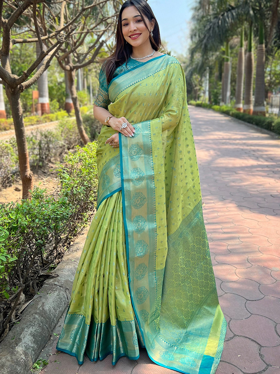 Pista Tissue Silk Handwoven Festival Wedding Heavy Border Saree