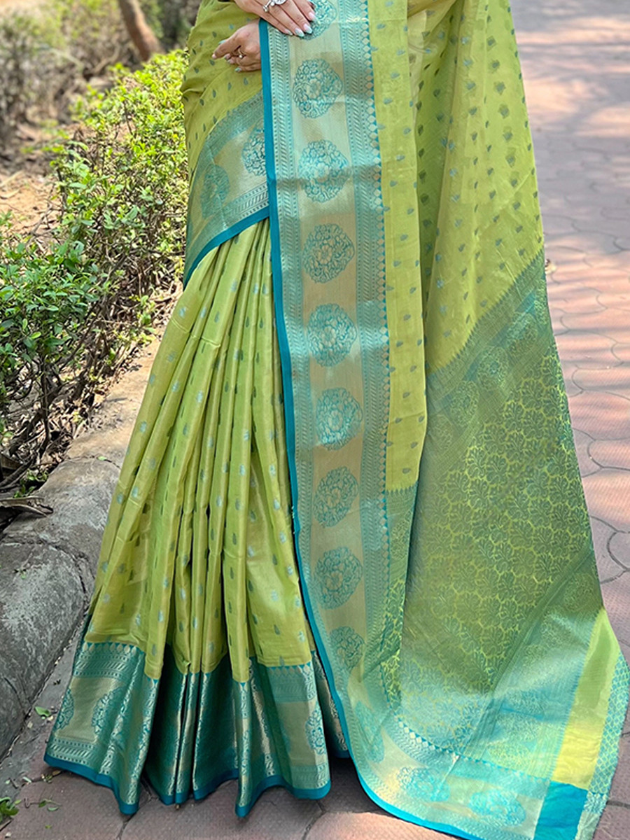 Pista Tissue Silk Handwoven Festival Wedding Heavy Border Saree