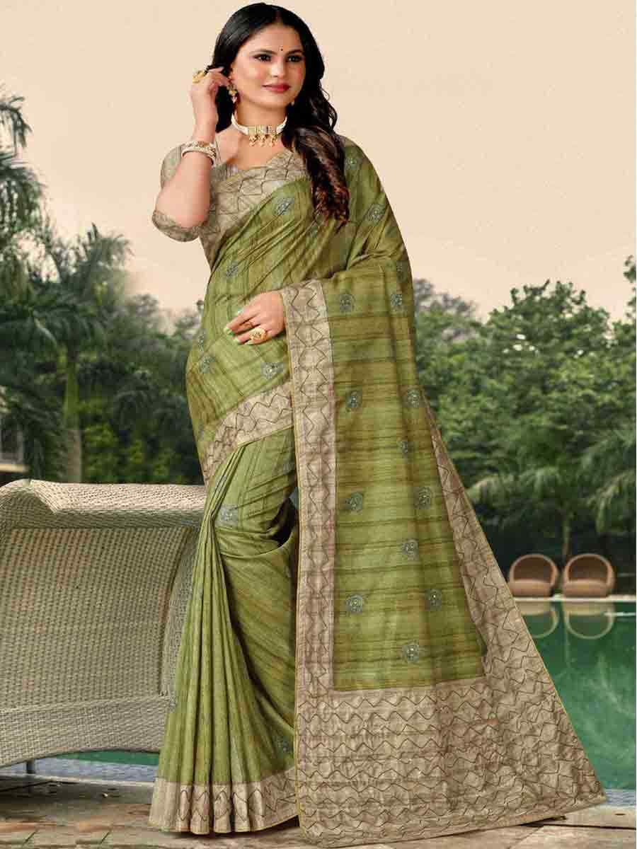 Pista Tussar Silk Handwoven Casual Festival Classic Style Saree