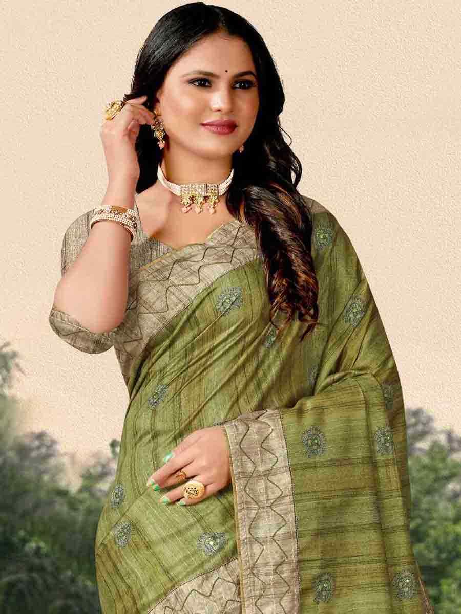 Pista Tussar Silk Handwoven Casual Festival Classic Style Saree