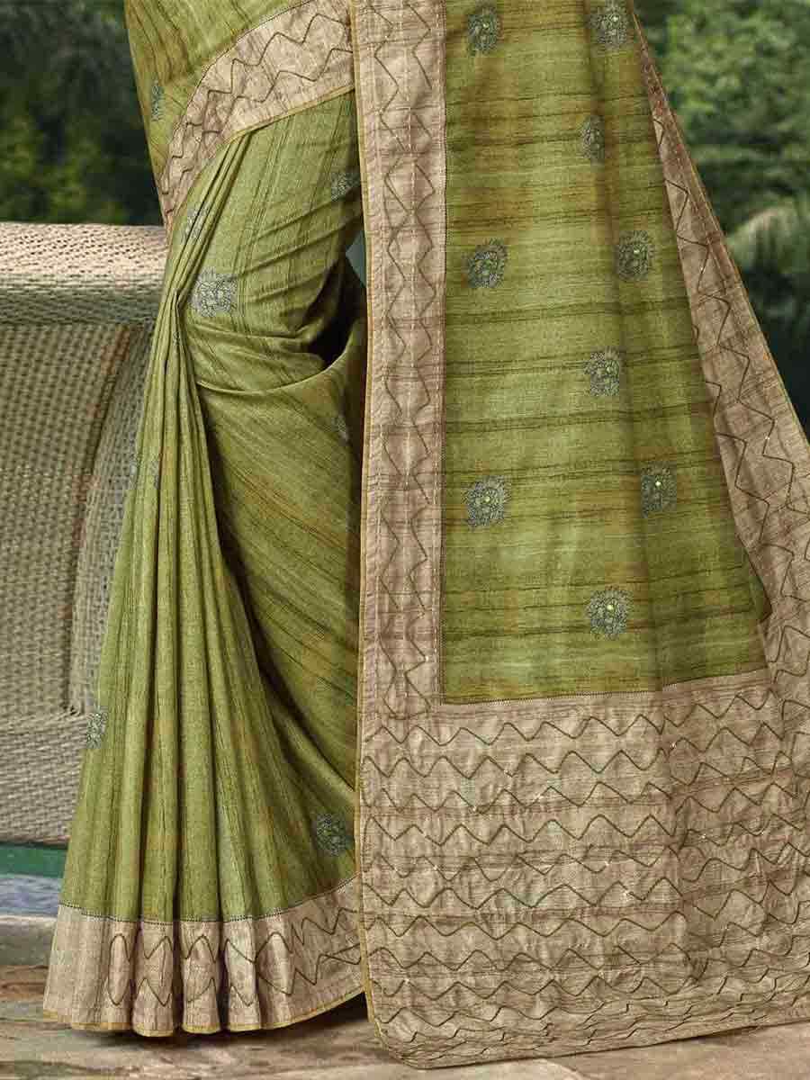 Pista Tussar Silk Handwoven Casual Festival Classic Style Saree