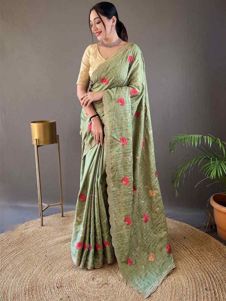 Pista Tussar Silk Handwoven Wedding Festival Heavy Border Saree