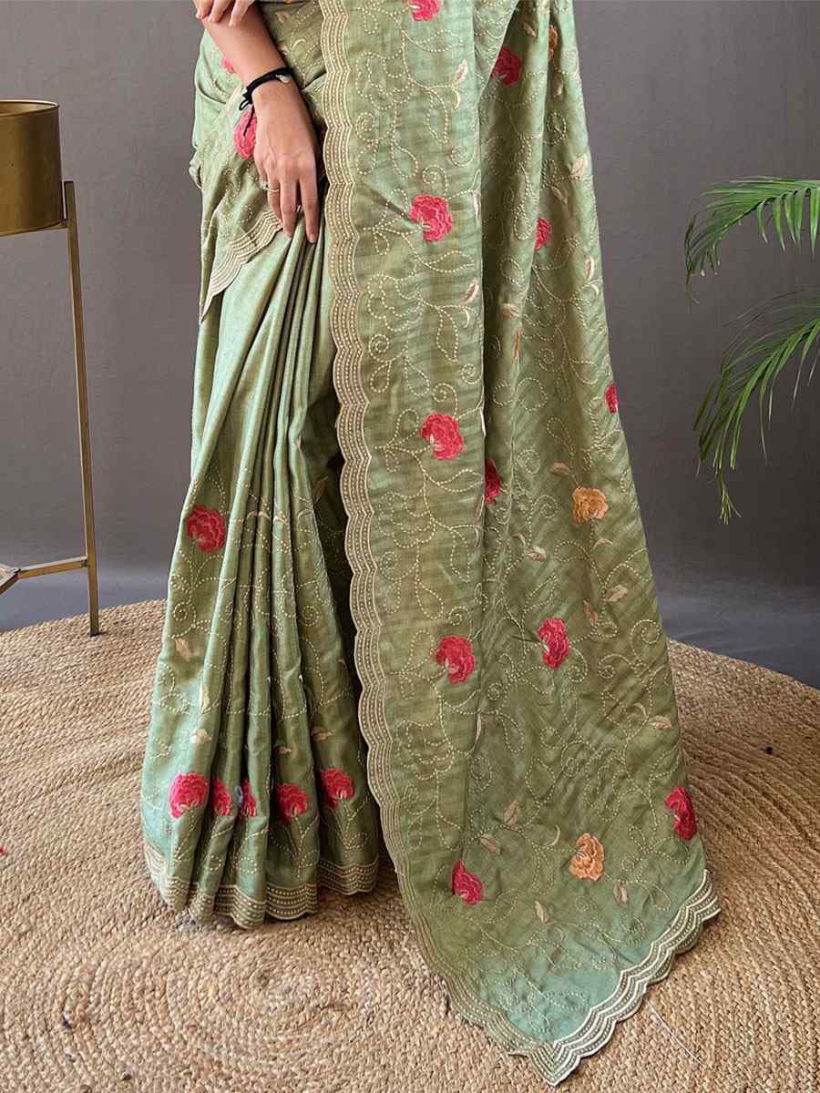 Pista Tussar Silk Handwoven Wedding Festival Heavy Border Saree