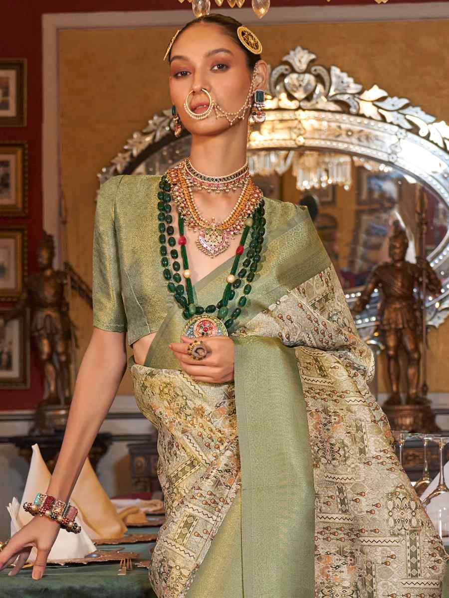 Pista Tusser Silk Handwoven Festival Wedding Heavy Border Saree