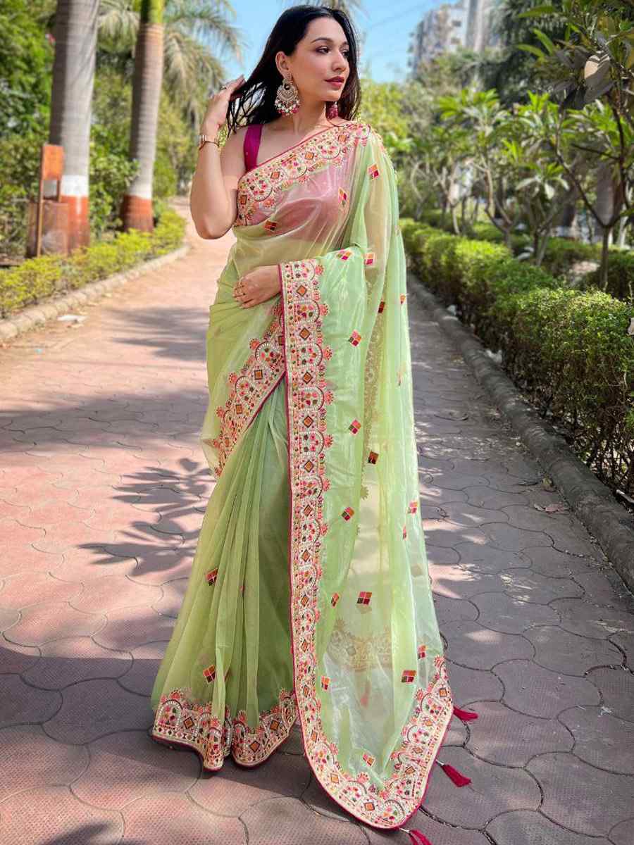 Pista Twill Net Embroidered Party Reception Heavy Border Saree