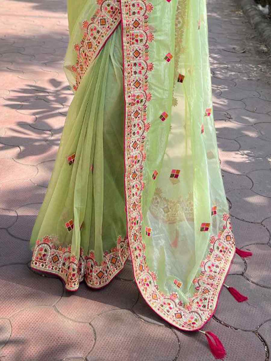 Pista Twill Net Embroidered Party Reception Heavy Border Saree