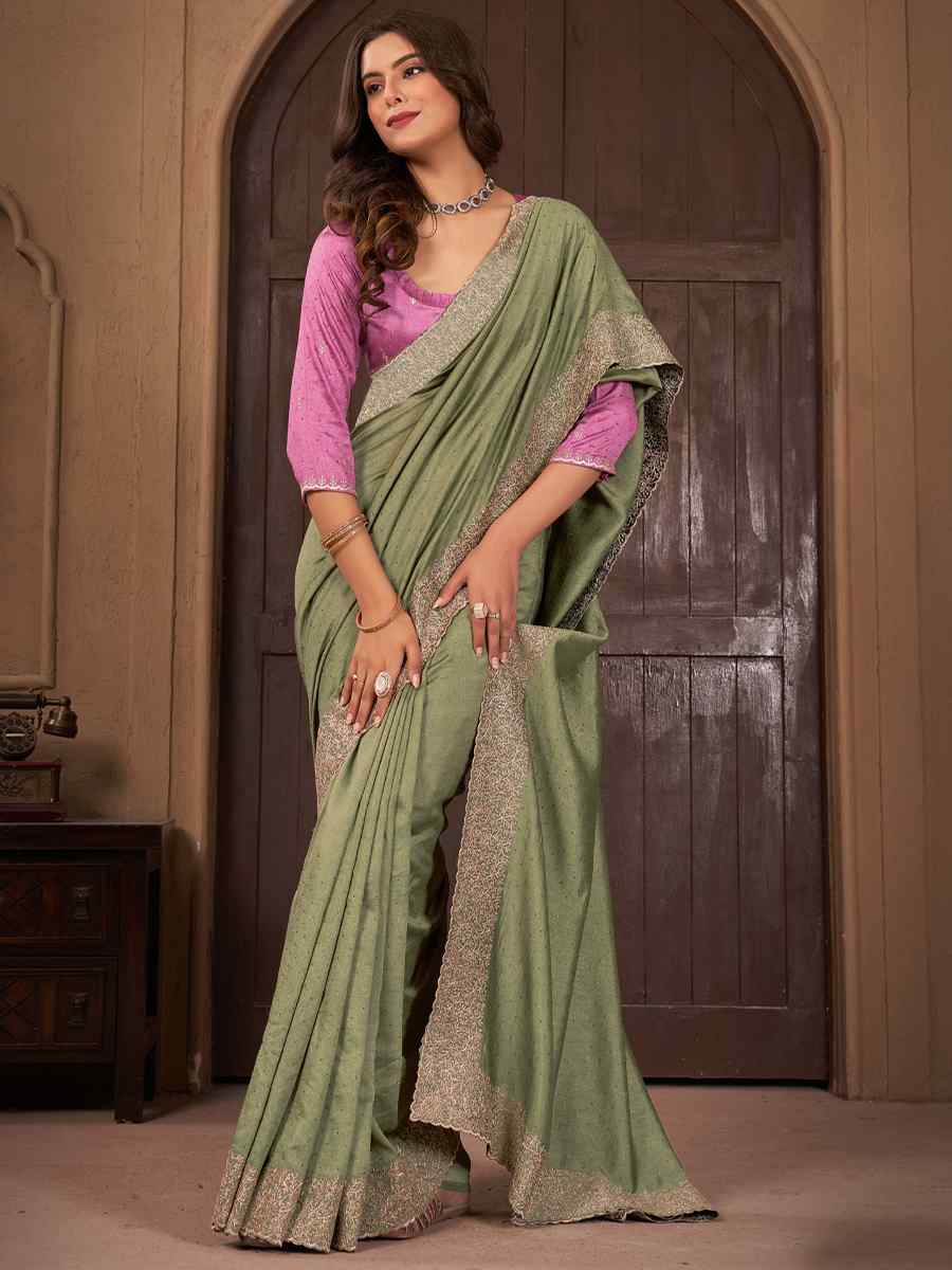 Pista Vichitra Embroidered Wedding Party Heavy Border Saree