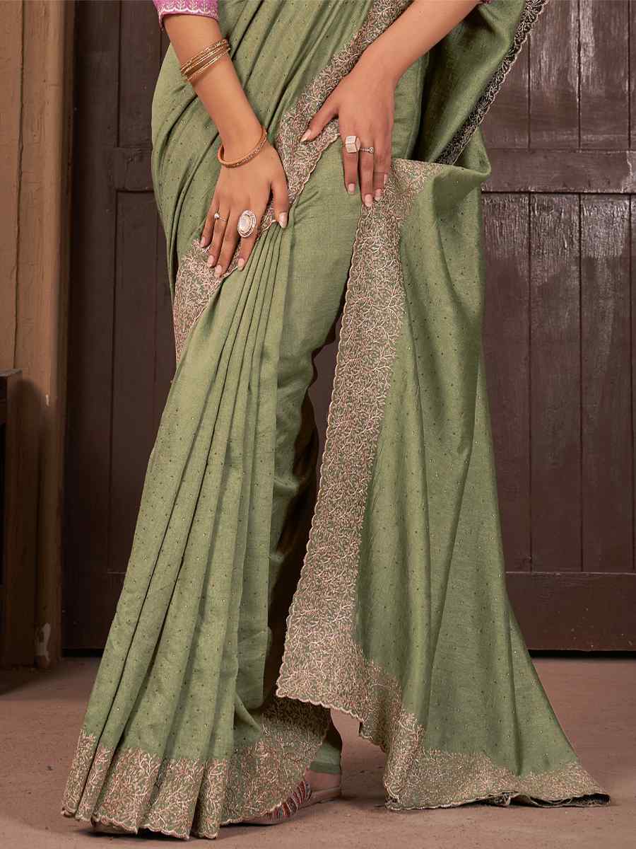 Pista Vichitra Embroidered Wedding Party Heavy Border Saree