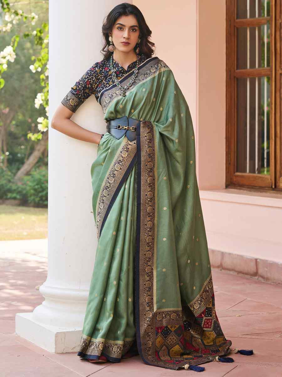 Pista Viscose Handwoven Festival Wedding Heavy Border Saree