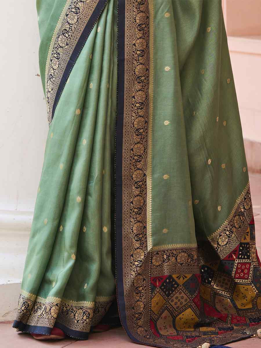 Pista Viscose Handwoven Festival Wedding Heavy Border Saree