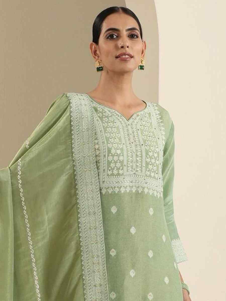 Pista Viscose Jacquard Embroidered Festival Mehendi Ready Pant Salwar Kameez