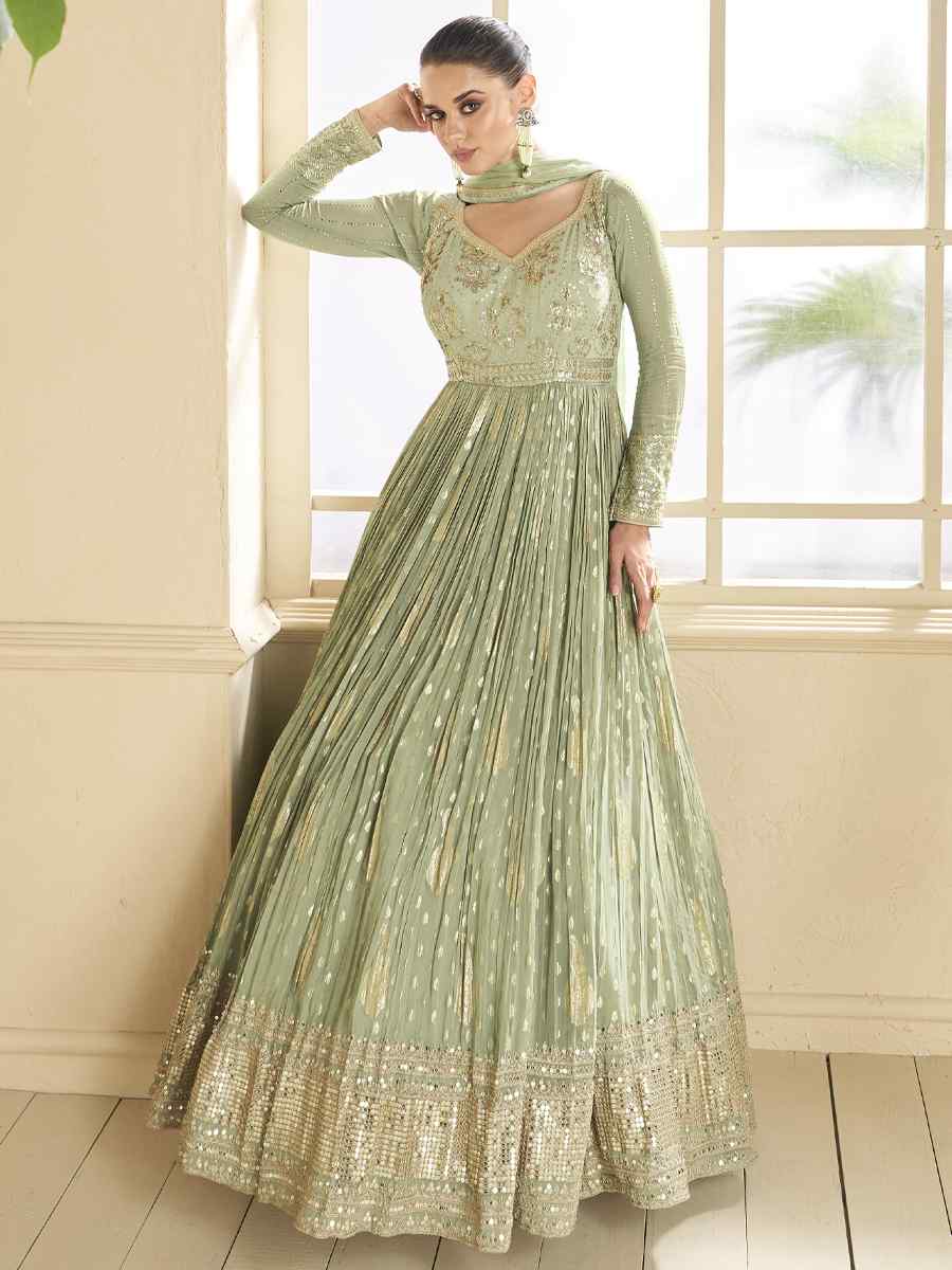 Pista Viscose Jacquard Embroidered Festival Wedding Anarkali Salwar Kameez