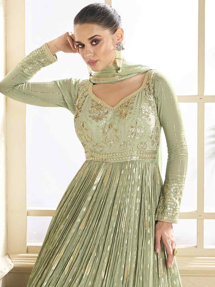 Pista Viscose Jacquard Embroidered Festival Wedding Anarkali Salwar Kameez