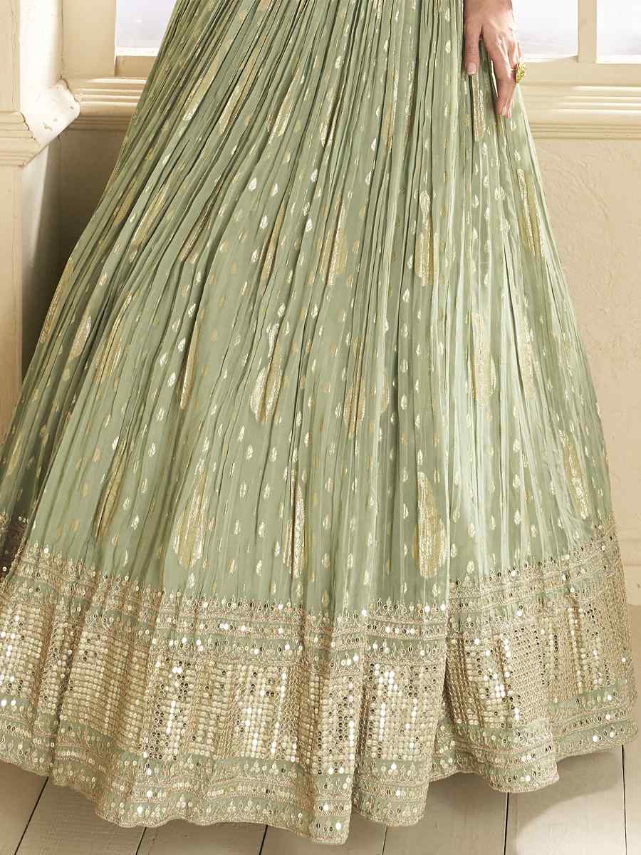 Pista Viscose Jacquard Embroidered Festival Wedding Anarkali Salwar Kameez