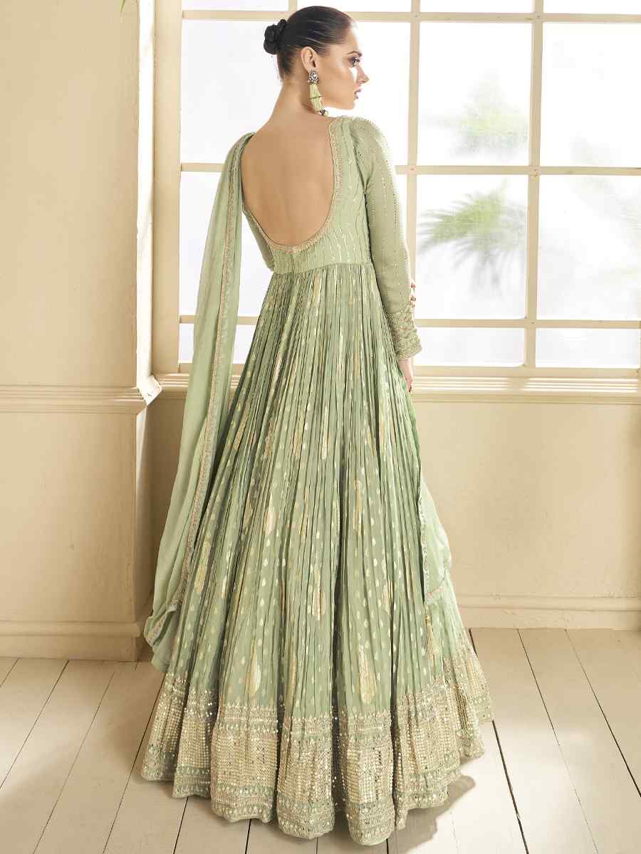 Pista Viscose Jacquard Embroidered Festival Wedding Anarkali Salwar Kameez