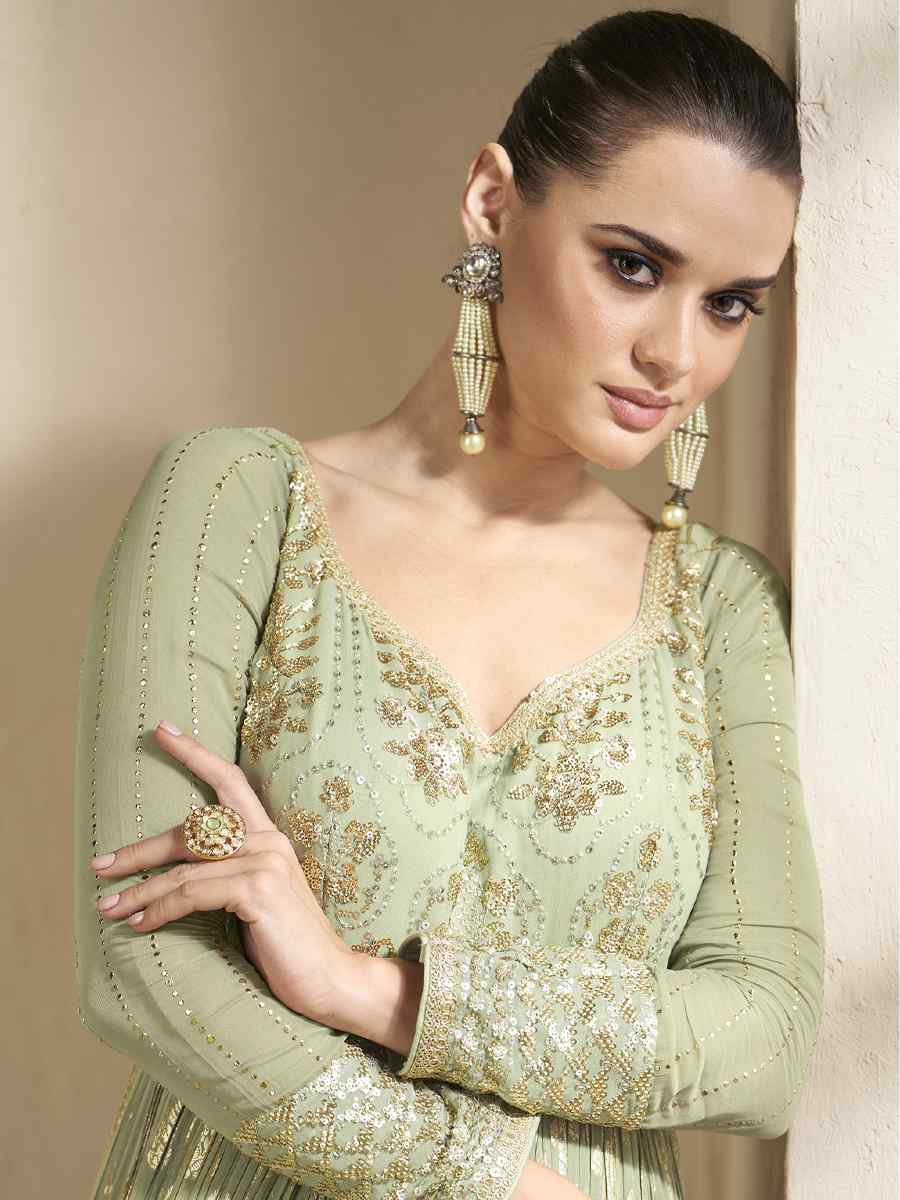 Pista Viscose Jacquard Embroidered Festival Wedding Anarkali Salwar Kameez