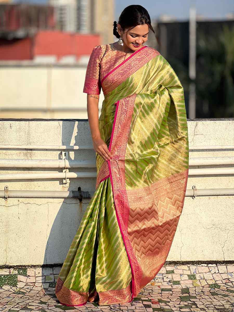 Pista Zari Tissue Handwoven Festival Casual Heavy Border Saree