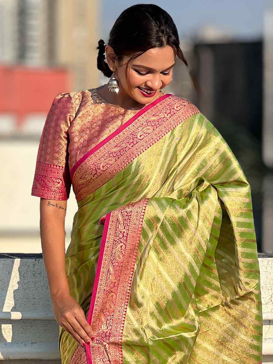 Pista Zari Tissue Handwoven Festival Casual Heavy Border Saree