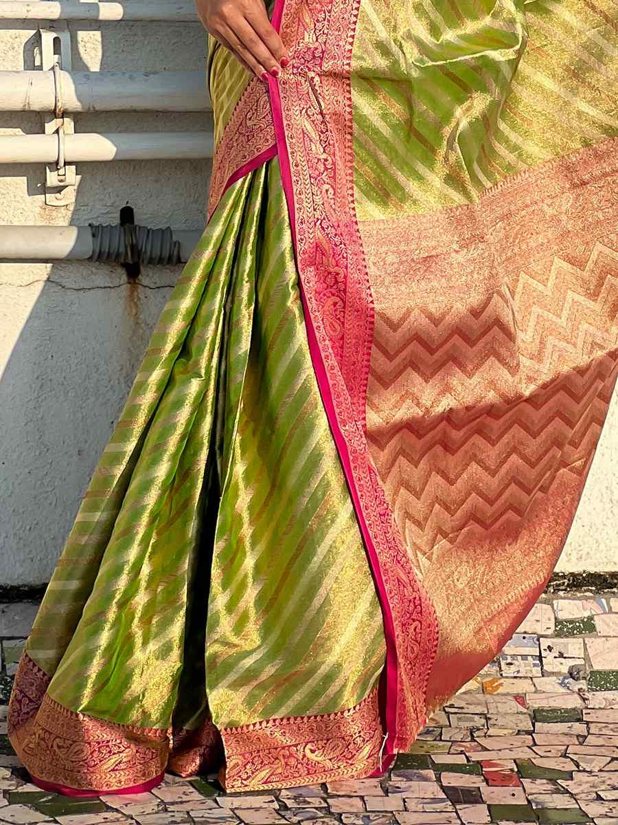 Pista Zari Tissue Handwoven Festival Casual Heavy Border Saree