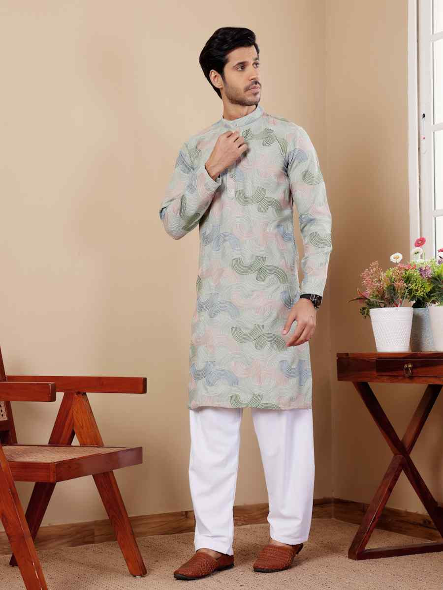 Pistel Green Linen Embroidered Festival Casual Kurta