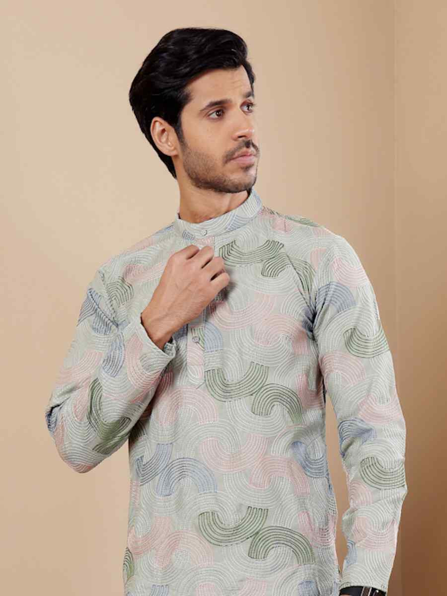 Pistel Green Linen Embroidered Festival Casual Kurta