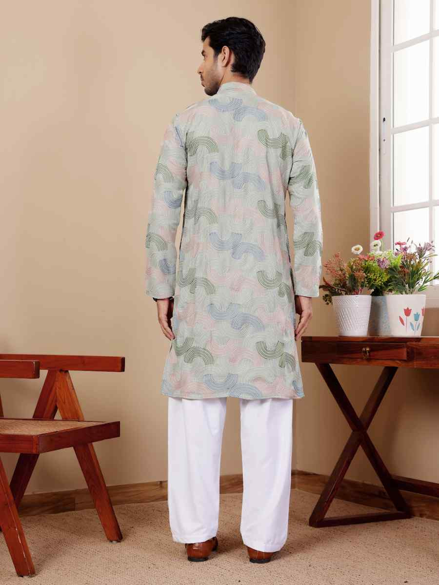 Pistel Green Linen Embroidered Festival Casual Kurta