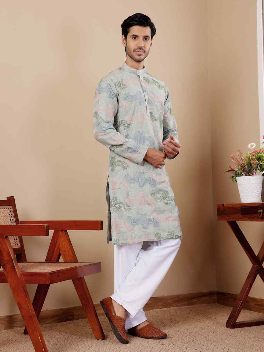 Pistel Green Linen Embroidered Festival Casual Kurta