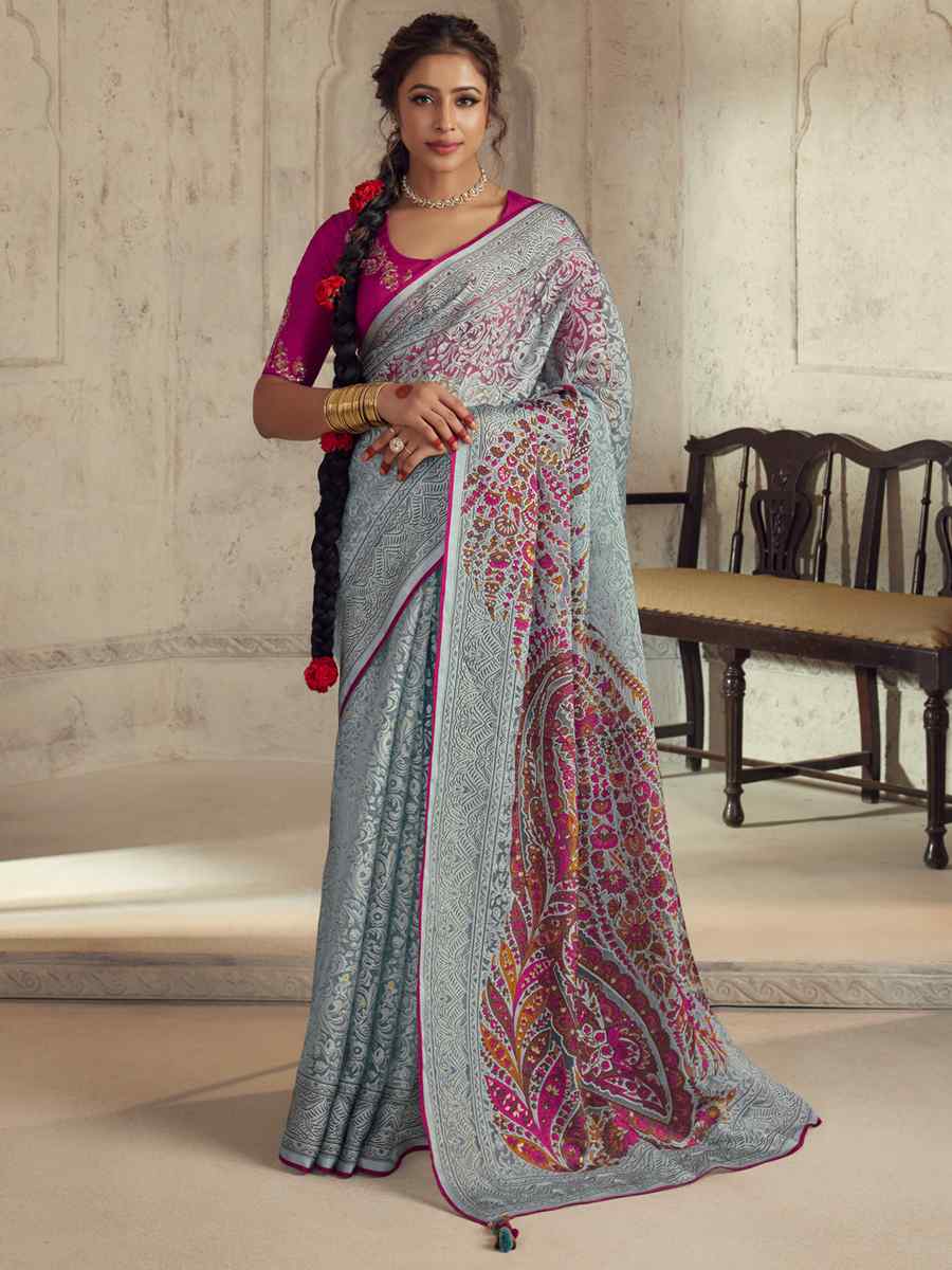 Powder Blue Organza Brasso Embroidered Festival Wedding Heavy Border Saree